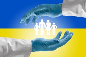 peace and stop the war in Ukraine, medical aid concept, Yellow and blue colors of the flag of...