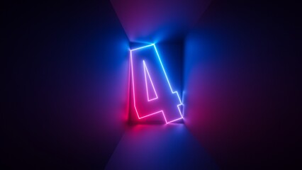 3d render, pink blue neon number four, digital symbol inside square box glowing in ultraviolet light