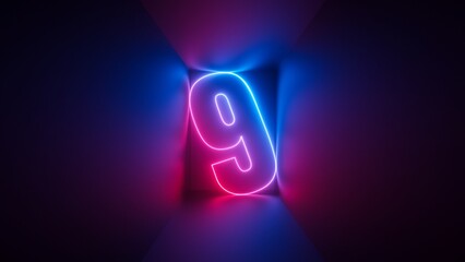 3d render, pink blue neon number nine, digital symbol inside square box glowing in ultraviolet light