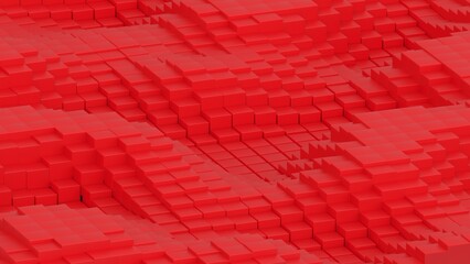 Fototapeta premium Abstract background with waves made of a lot of red cubes geometry primitive forms that goes up and down under black-white lighting. 3D illustration. 3D CG. High resolution.