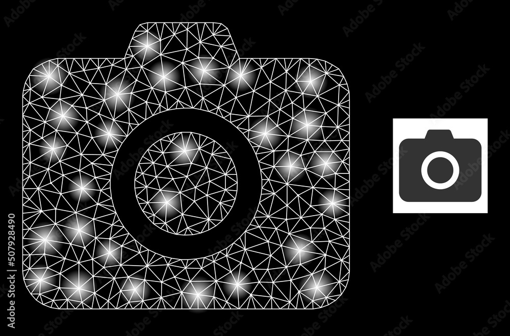 Poster glowing network photo camera glare icon with lightspots. illuminated vector constellation based on p