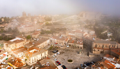 Fototapeta premium Bird's eye view of misty Trujillo, Extremadura, Spain.