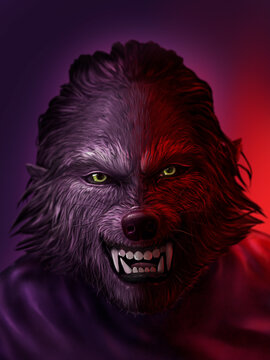 digital illustration of a werewolf face under red light