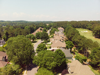 Aerial view of an upscale subdivision in suburbs of a metro Atlanta