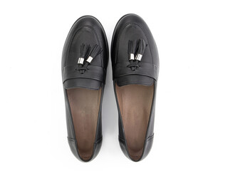 Vintage Loafer Shoes. Closeup. Advertising shot. Concept closeup shoes. Isolated object close up on white background. Top view.