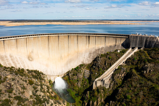 Aerial view with dam in Spain. La Almendra. Arribes del Duero