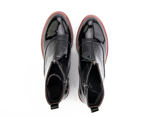 black leather jodhpur boots isolated on white background. Top view. Fashion shoes. Photoshoot for shoe shop concept.