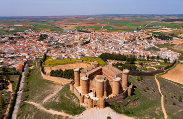Aerial photo of Belmonte Castle and village. Townscape of Belmonte, Province of Cuenca, Spain.