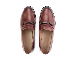 Vintage Loafer Shoes. Closeup. Advertising shot. Concept closeup shoes. Isolated object close up on white background. Top view.