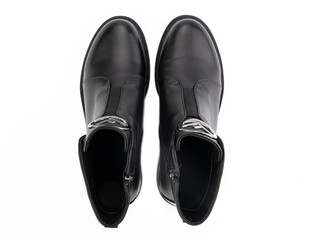 black leather jodhpur boots isolated on white background. Top view. Fashion shoes. Photoshoot for shoe shop concept.