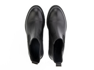 black leather jodhpur boots isolated on white background. Top view. Fashion shoes. Photoshoot for shoe shop concept.