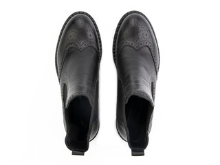 black leather jodhpur boots isolated on white background. Top view. Fashion shoes. Photoshoot for shoe shop concept.