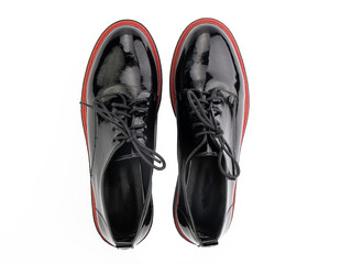 black leather jodhpur boots isolated on white background. Top view. Fashion shoes. Photoshoot for shoe shop concept.