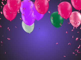 Happy Party Birthday Background with Realistic Balloons, frame and confetti. Vector Illustration and confetti. for party, holiday,
