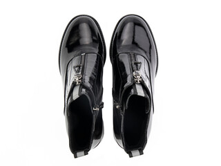 black leather jodhpur boots isolated on white background. Top view. Fashion shoes. Photoshoot for shoe shop concept.