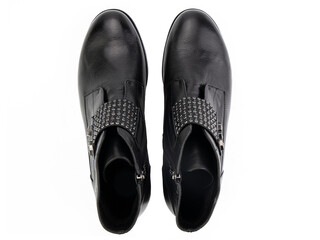 black leather jodhpur boots isolated on white background. Top view. Fashion shoes. Photoshoot for shoe shop concept.