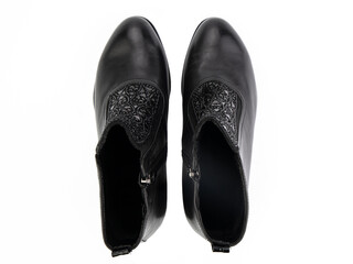 black leather jodhpur boots isolated on white background. Top view. Fashion shoes. Photoshoot for shoe shop concept.