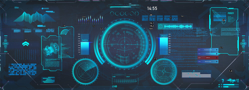FUI HUD virtual reality, view from the helmet. Sci-fi Head-up display, cockpit view. Futuristic display for VR goggles, cyber world simulation or metaverse. Cyberpunk dashboard with UI, HUD interface