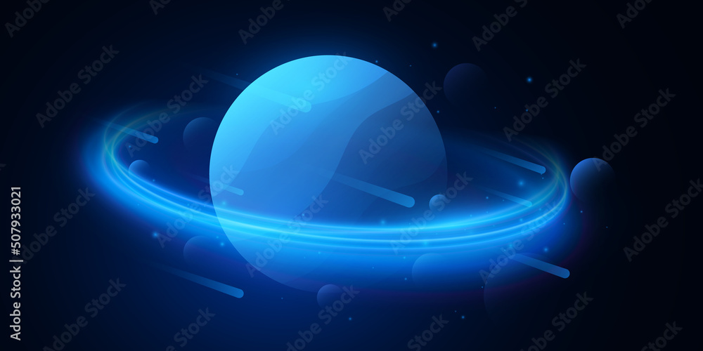 Poster futuristic deep space background. falling meteorite. abstract planet saturn with light effects. mode