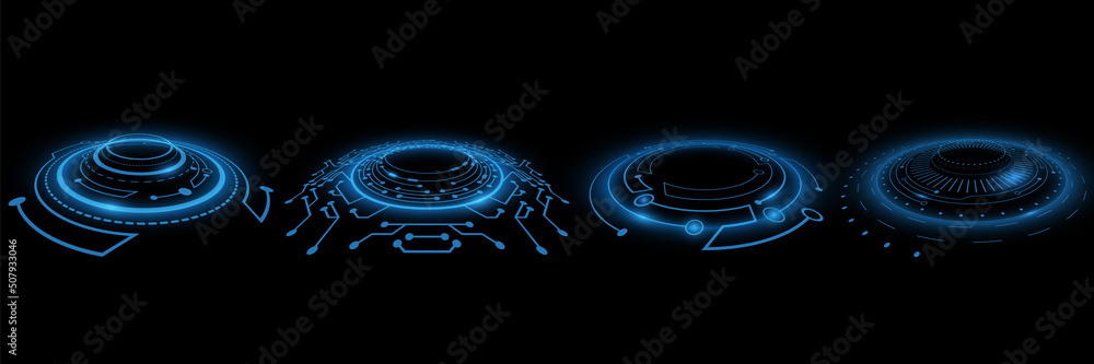 Poster set of glowing hud rounds. futuristic circles on black background. virtual graphic. dashboard displa