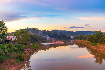 Sunset at panorama landscape Mekong river and Luang Prabang Laos.