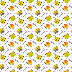 Pattern with yellow insect beetles. Vector illustration. For prints, covers and flyers, products for children, fabrics and packaging, various decor.