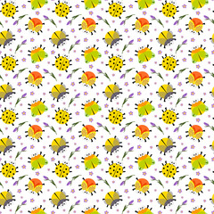 Pattern with yellow insect beetles. Vector illustration. For prints, covers and flyers, products for children, fabrics and packaging, various decor.