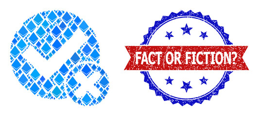 Blue brilliant collage false positive icon, and bicolor dirty Fact or Fiction? seal stamp. Ethereum related elements are arranged into abstract collage false positive icon.