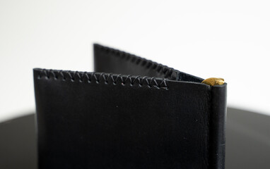 Black men's money clip handmade leather wallet. Empty money clip wallet with a two pockets for cards.