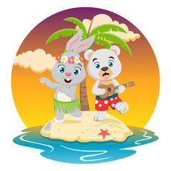 Cute little rabbit and polar bear in summer holiday