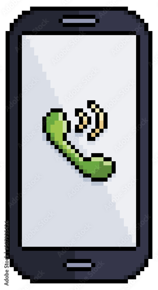 Poster pixel art cell phone with call icon vector icon for 8bit game on white background