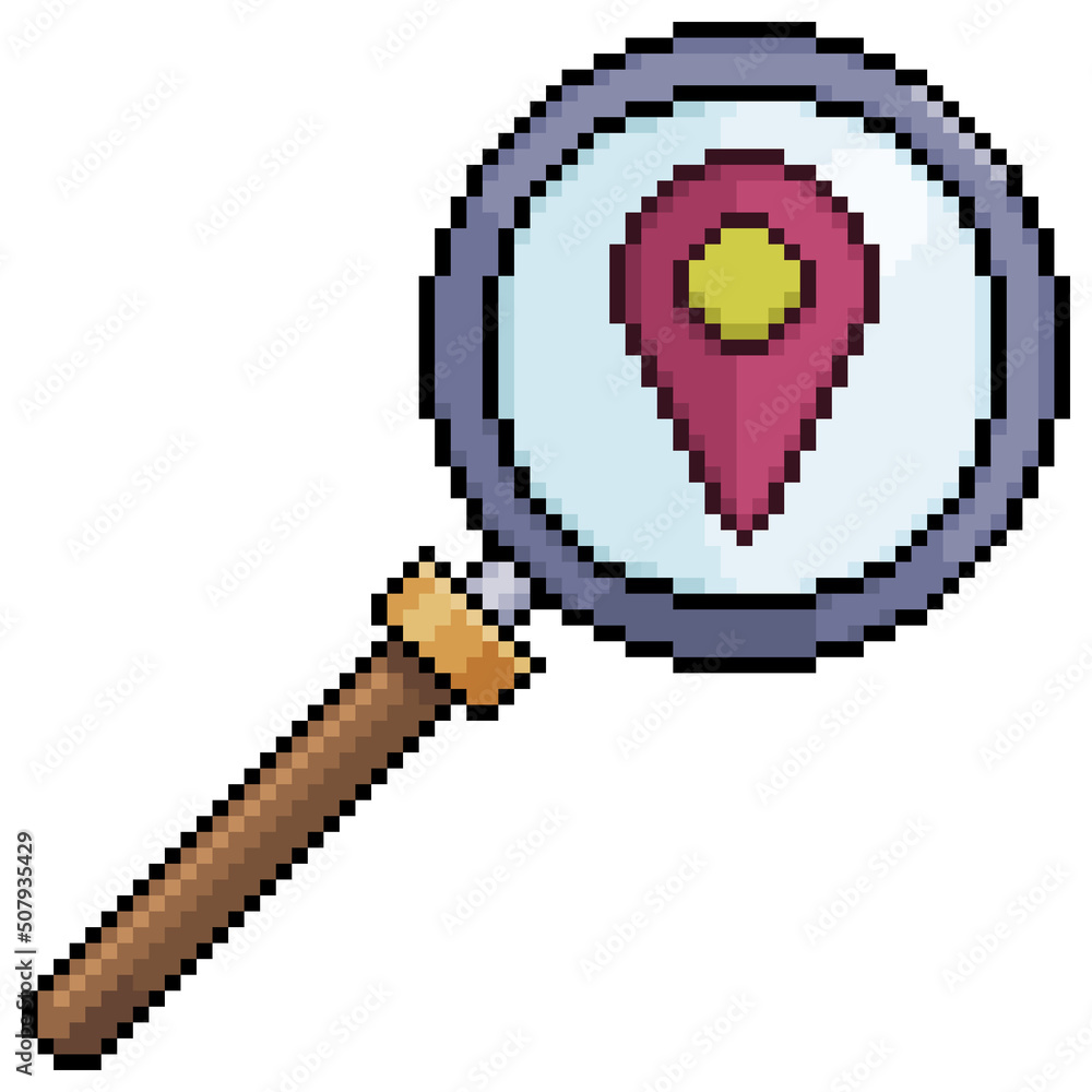 Poster pixel art magnifying glass searching gps location vector icon for 8bit game on white background