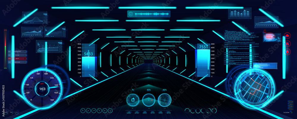 Poster Virtual reality, simulation, cyberspace with HUD interface dashboard. VR UI display design for gaming. HUD cockpit autonomous car view. Head-Up Display GUI with hi-tech gadgets and hologram interface.