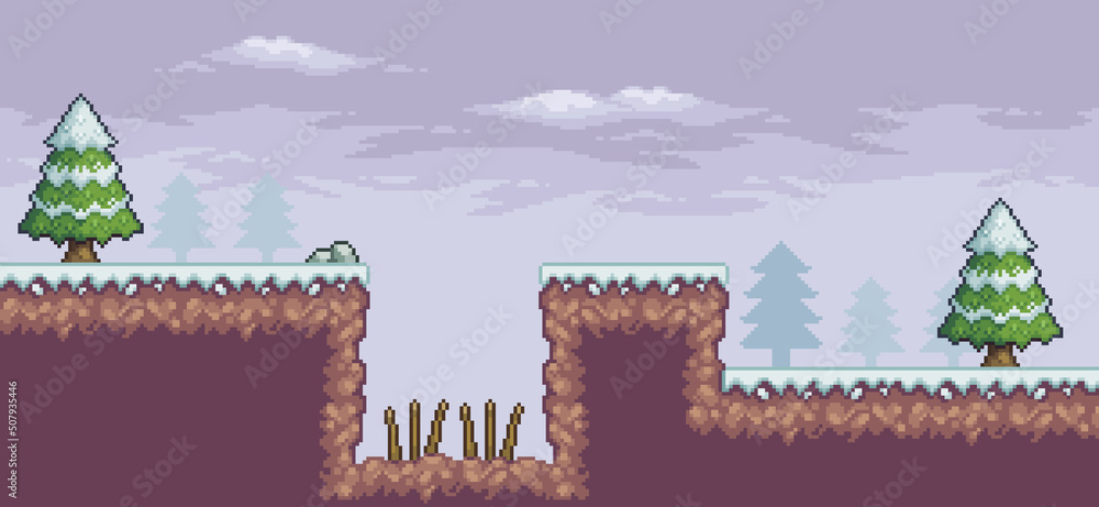 Aufkleber pixel art game scene in snow with pine trees, trap and clouds 8bit background vector