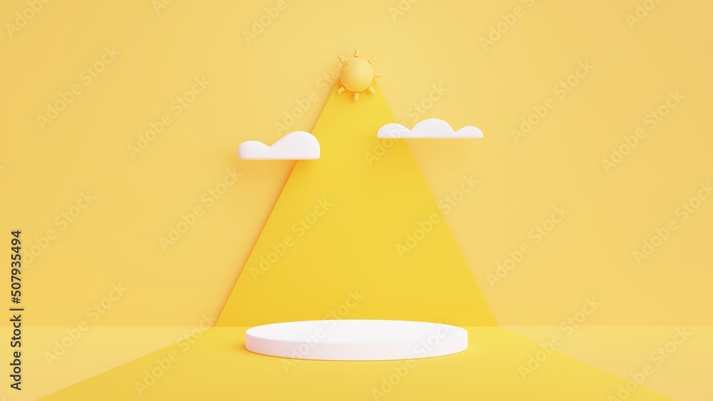 Poster 3d podium with sun and clouds on yellow background.minimal style of summer vacation concept.3d rende