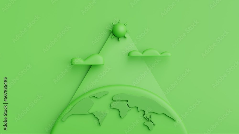 Poster Sun with sunlight on green color theme background.Concept of ecology and environment.Minimal background with copy space.3D Rendering Illustration.