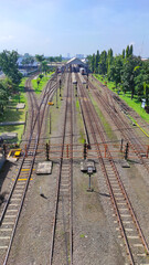Fototapeta premium Aerial view of the train track at the station in the Bandung area, Indonesia