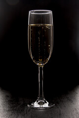 Champagne glass on black background