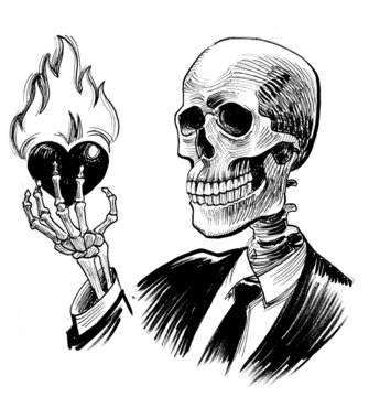 Human skeleton with a burning heart. Ink black and white drawing