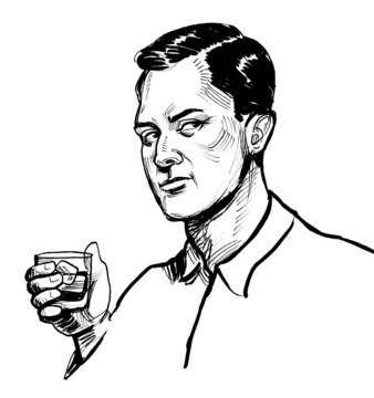 Man drinking a glass of whiskey. Ink black and white drawing