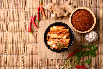 Kimchi cabbage in bowl, Korean homemade fermented side dish food