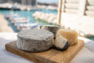 French goat cheeses crottin and selles-sur-cher served with view on boats in harbor of Cassis, Provence, France