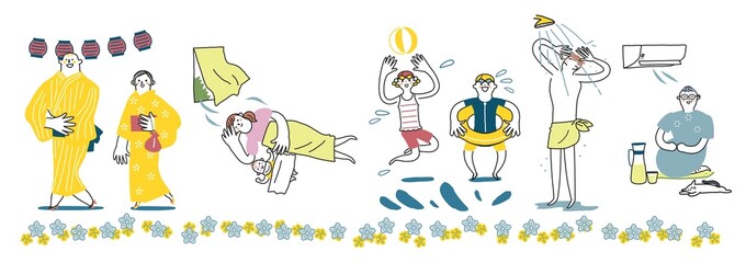 Fototapeta premium 熱中症対策のため様々な涼を取る人々 イラスト素材 
