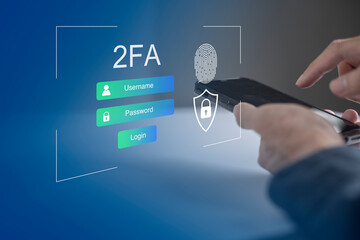 Businessman using smartphone to fingerprint scan for two-factor authentication for safety use of social networks and access to information privacy