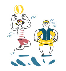 水辺ではしゃぐ水着のこどもたち　イラスト素材
