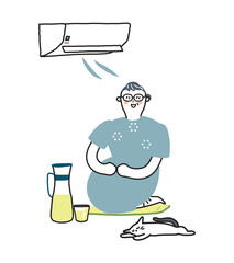 室内で涼を取るシニア　イラスト素材
