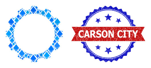 Blue brilliant collage gear icon, and bicolor dirty Carson City seal stamp. Gem related parts are arranged into abstract collage gear icon. Red round stamp has Carson City tag inside circle.