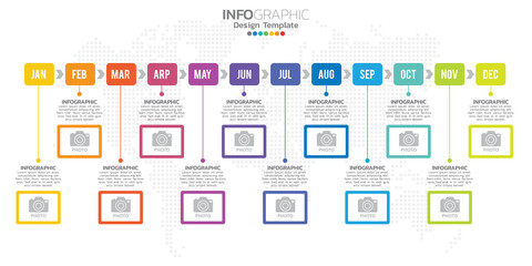 Timeline infographic presentation for 1 year 12 months used for Business concept with 12 options, steps and processes.