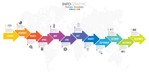 Timeline infographic presentation for 1 year 12 months used for Business concept with 12 options, steps and processes.