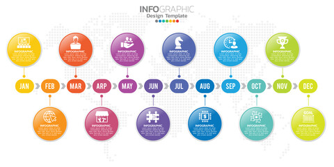 Timeline infographic presentation for 1 year 12 months used for Business concept with 12 options, steps and processes.